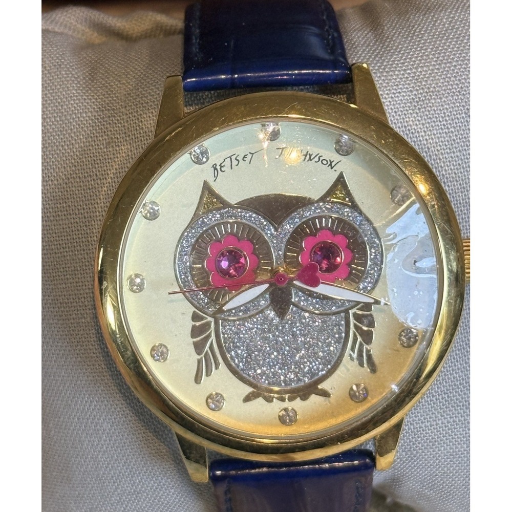 Betsey Johnson Owl Face Watch Blue Leather Strap Gold‎ Tone Quartz As Is - Picture 2 of 6